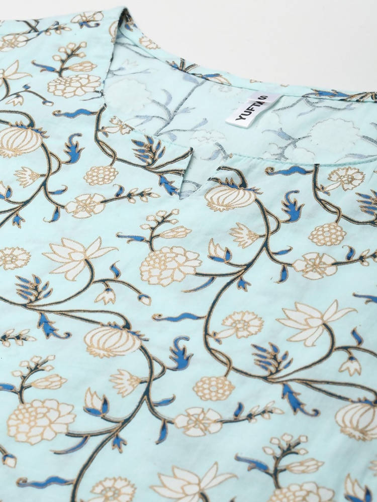 Yufta Women Blue & White Floral Printed Pure Cotton Kurta with Trouser & Dupatta | Grab2Buy