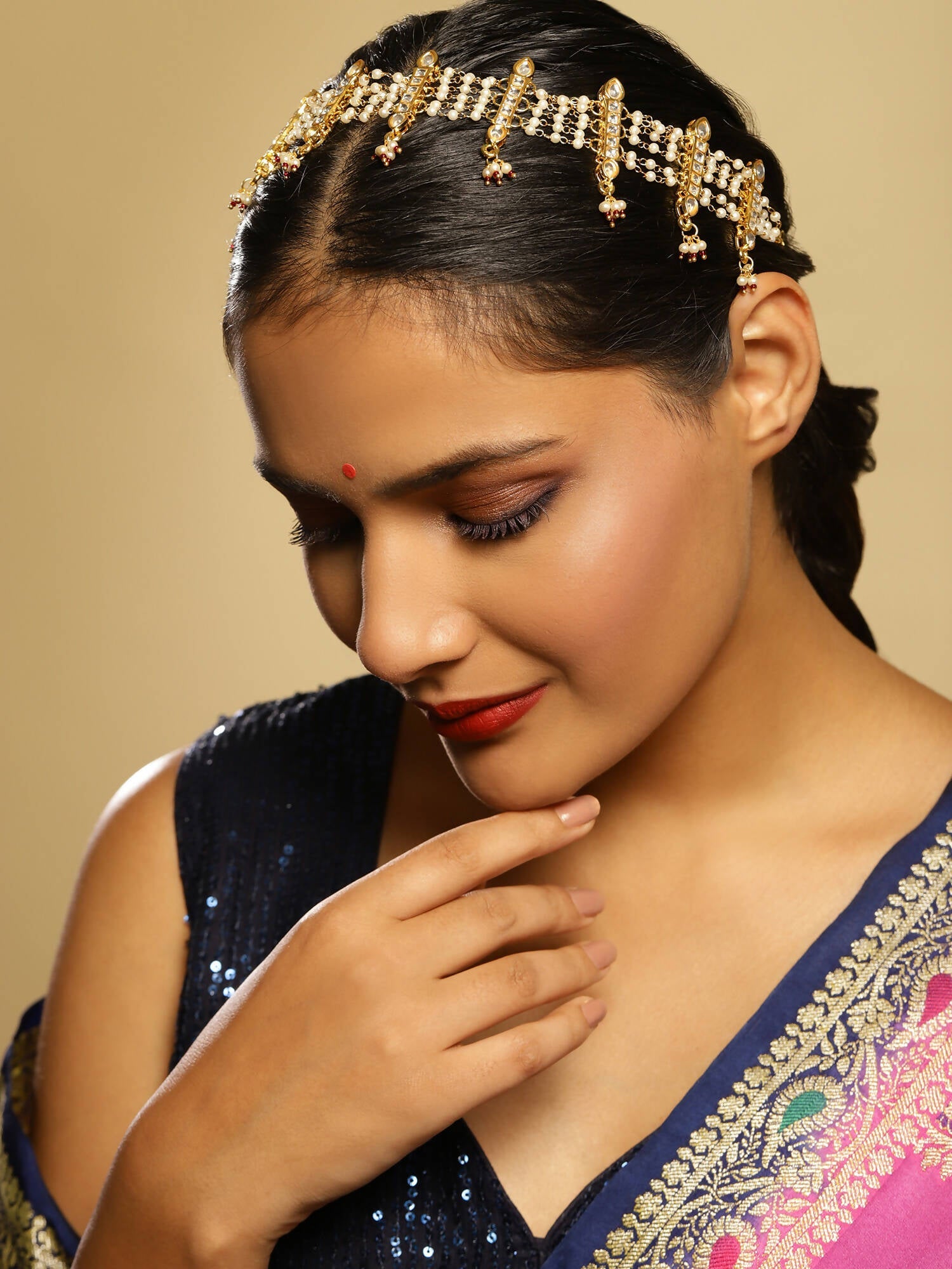 White Gold-Polished Kundan-Studded Beaded Matha Patti - Ruby Raang | Grab2Buy
