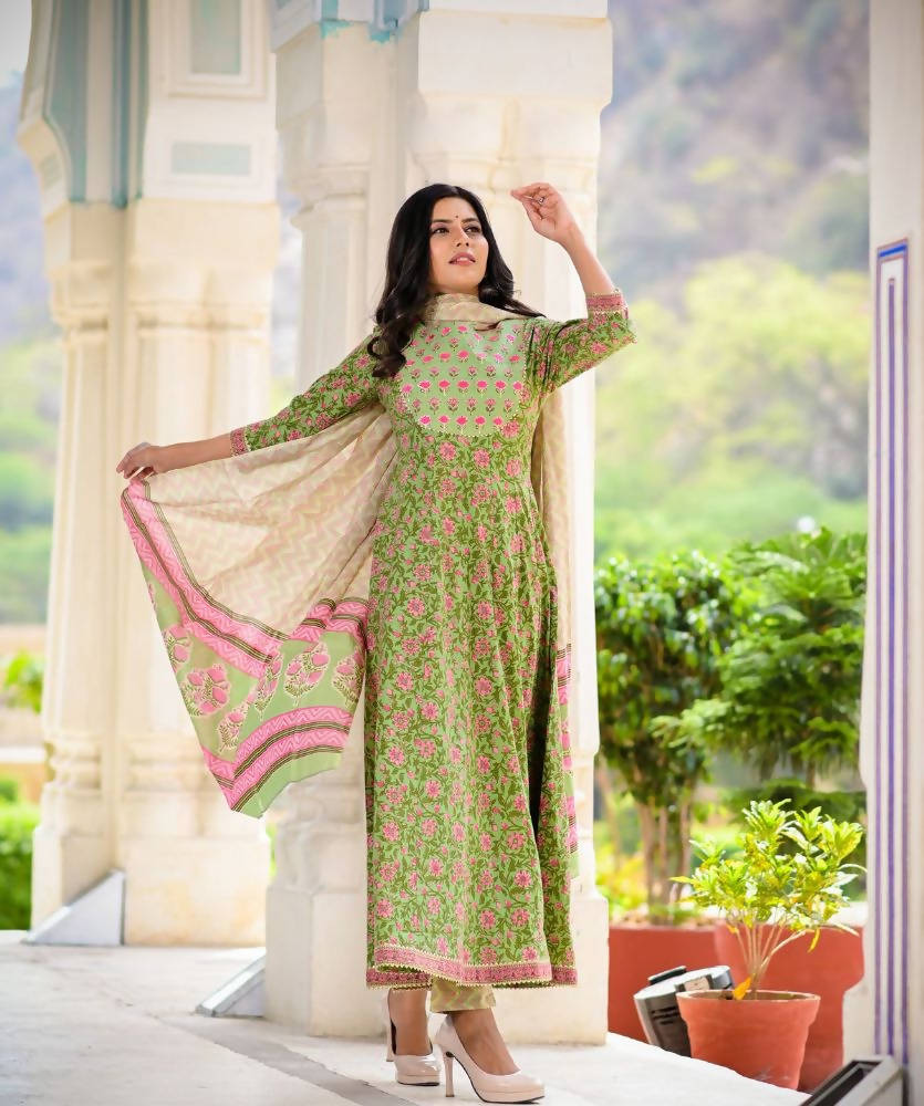 Yufta Women Green Floral Printed Pure Cotton Anarkali Kurta with Trouser and Dupatta | Grab2Buy