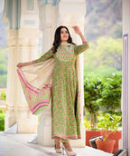 Yufta Women Green Floral Printed Pure Cotton Anarkali Kurta with Trouser and Dupatta | Grab2Buy