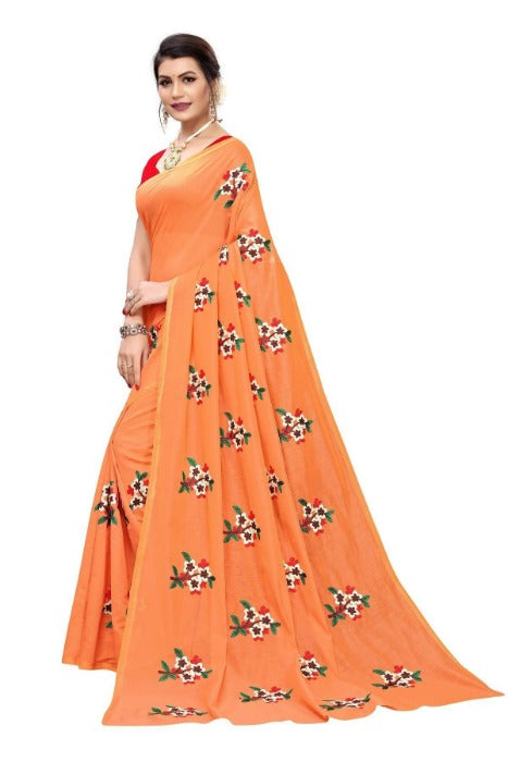 Vamika Chanderi Cotton Embroidery Orange Saree (Mogra Orange) | Grab2Buy