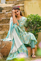 Yufta Blue Printed Tiered Kurta with Trouser and Dupatta | Grab2Buy