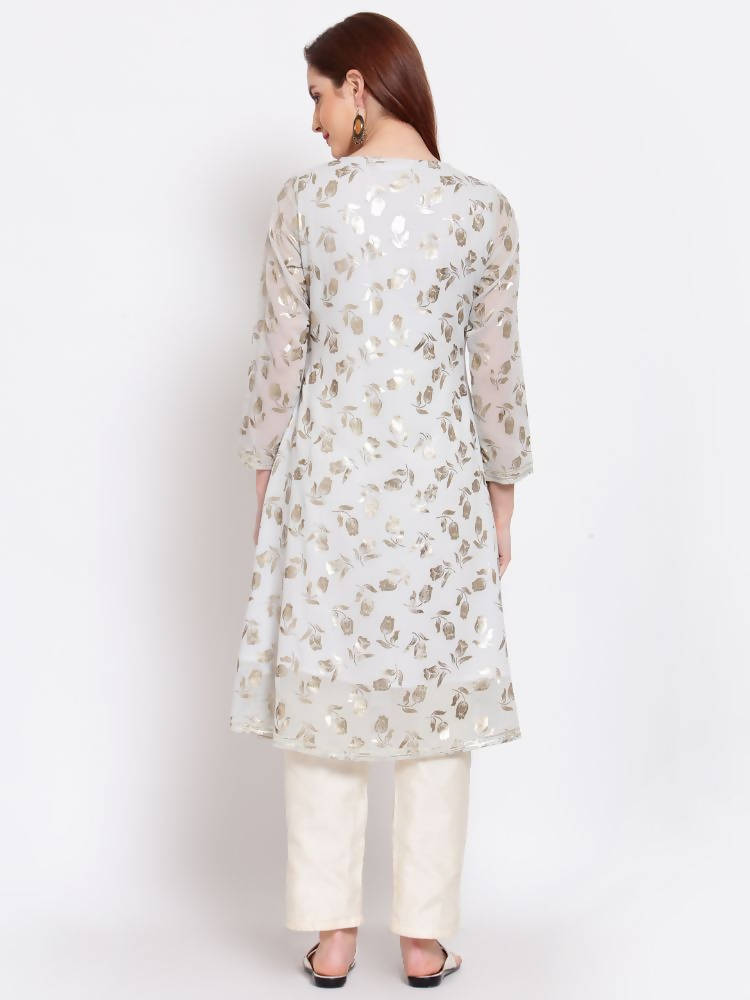 Myshka Women's Grey Printed Georgette 3/4 Sleeve Round Neck Casual Kurta | Grab2Buy
