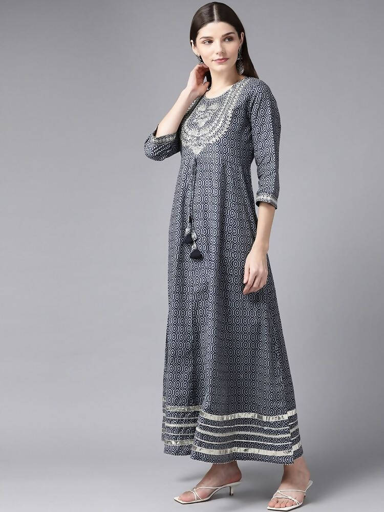 Yufta Women Grey Geometric Printed Mirror Work Kurta | Grab2Buy