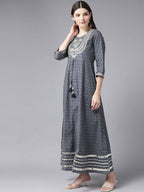 Yufta Women Grey Geometric Printed Mirror Work Kurta | Grab2Buy