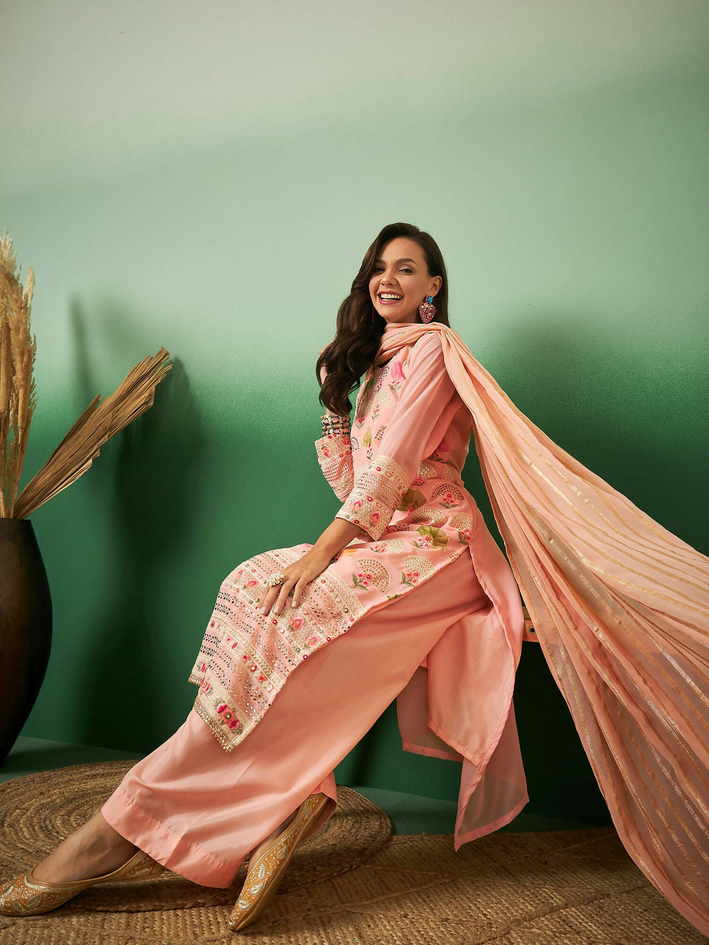 Peach Georgette Handwork Unstitched Dress Material - Hanika | Grab2Buy