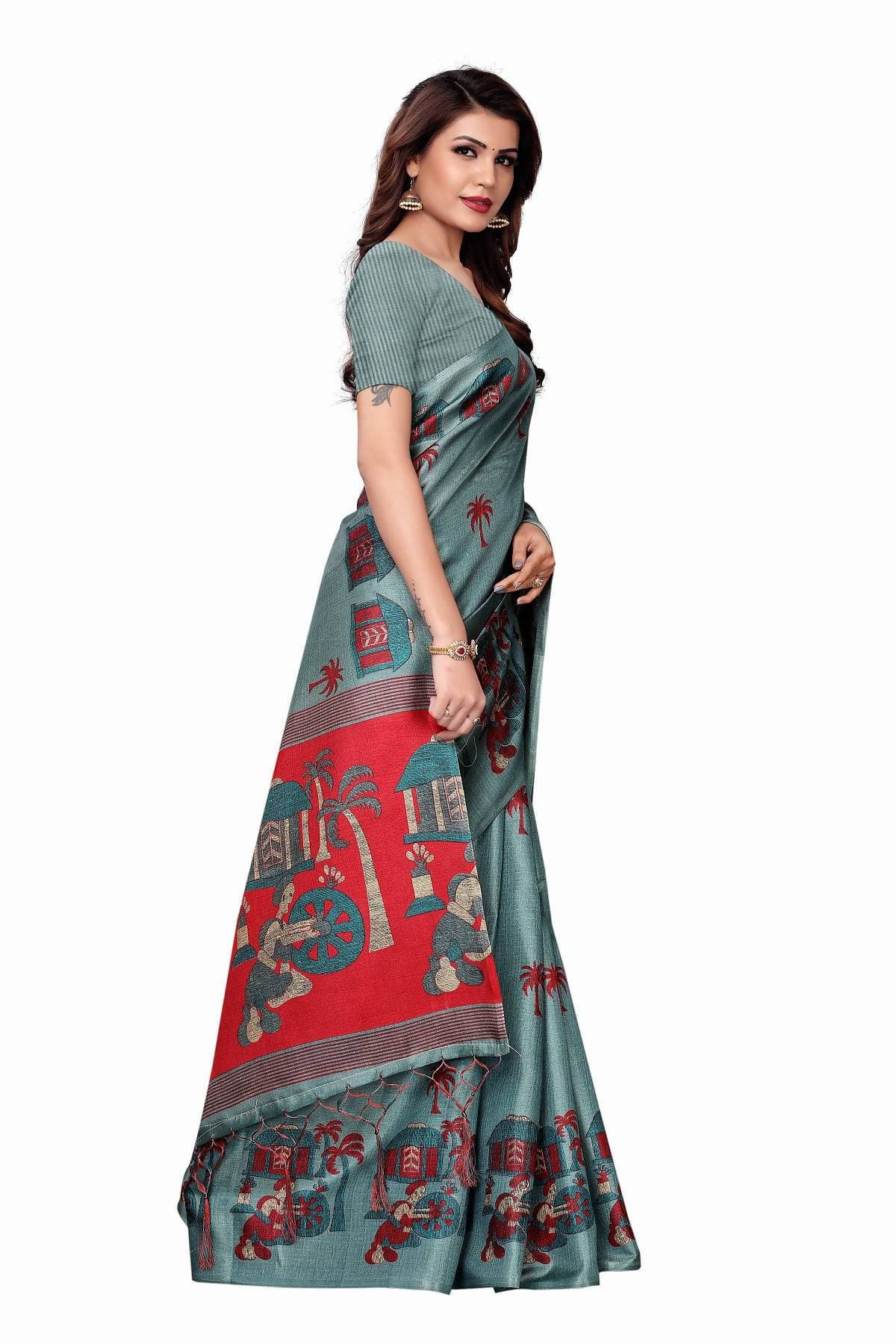 Vamika Sea Green Kalamkari With Jhalar Khadi Silk Saree | Grab2Buy