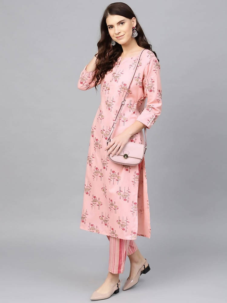 Yufta Pink and golden printed kurta with palazzo | Grab2Buy