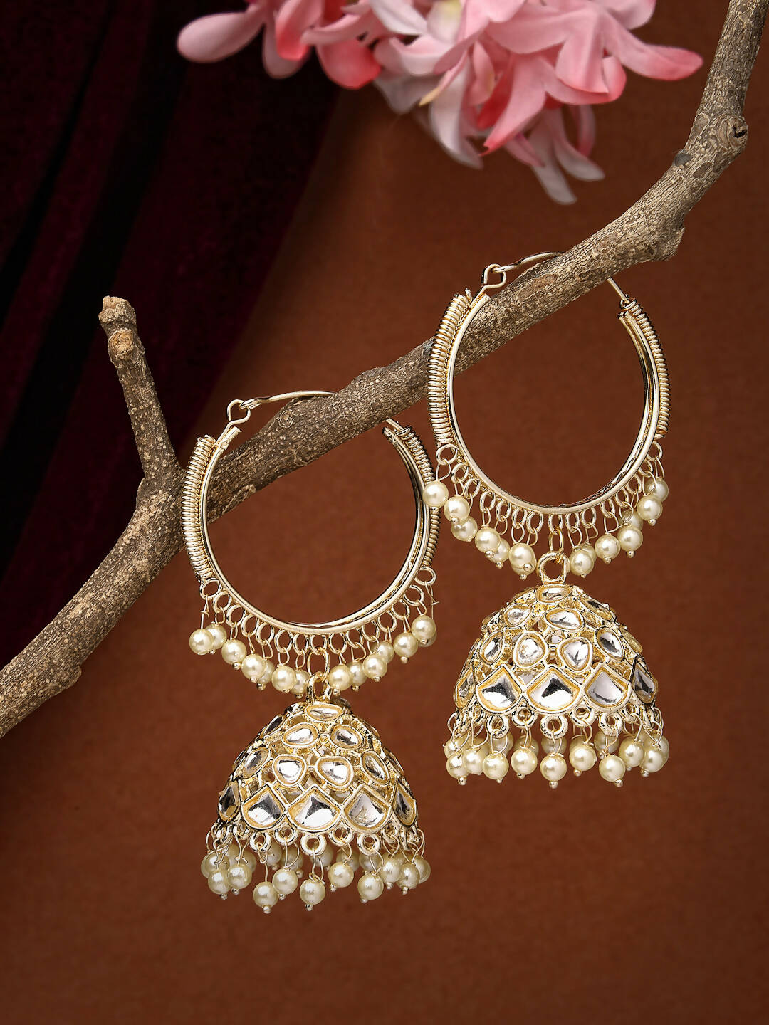 NVR Women Gold-Polished Handcrafted Kundan Jhumka Earrings | Grab2Buy