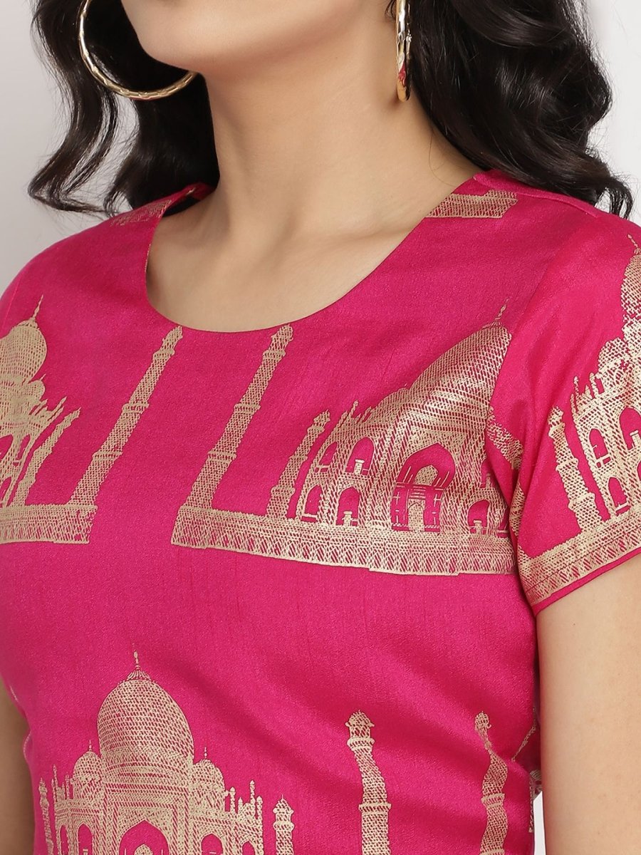 Ahalyaa Women's Pink Poly Silk Gold Foil Print Top With Skirt | Grab2Buy