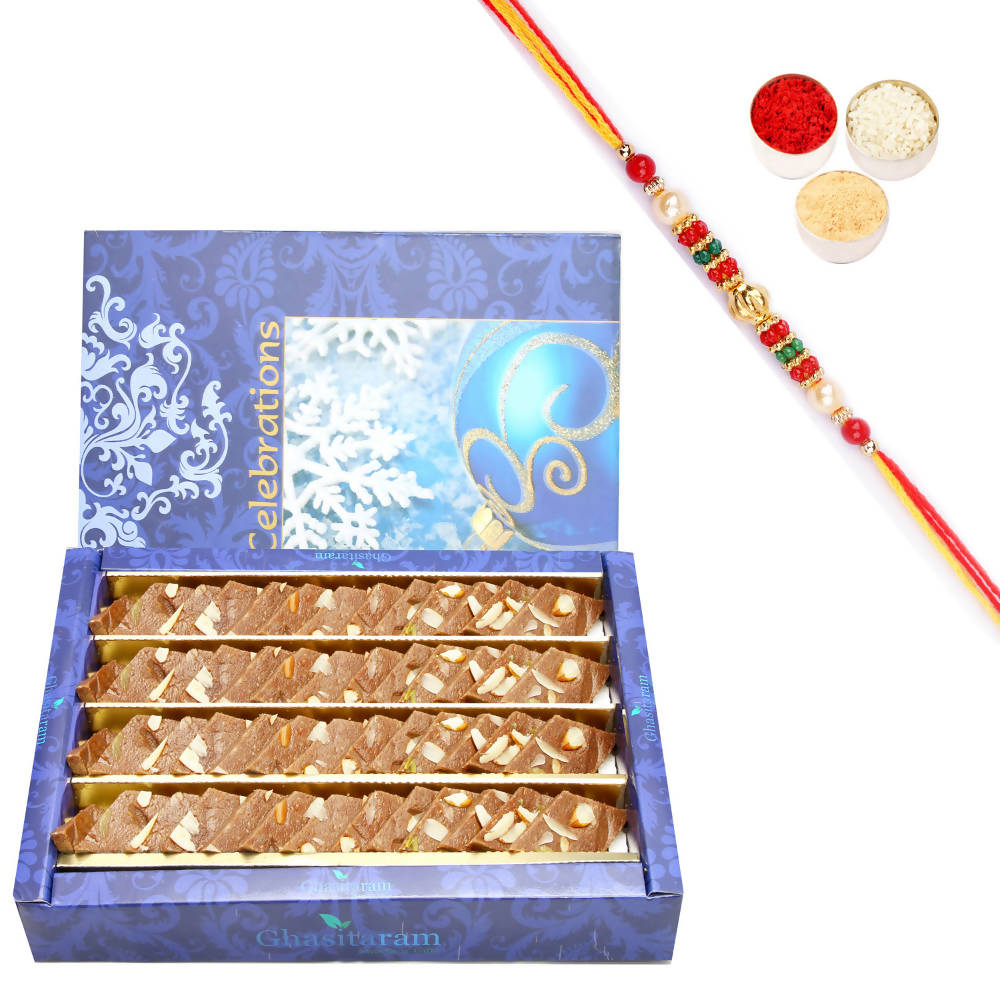 Ghasitaram Chocolate Kaju Katli With Pearl Beads Rakhi | Grab2Buy