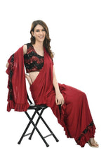 Mominos Fashion All Season Wear Olive Red And Black Ruffled Ready To Wear Saree | Grab2Buy