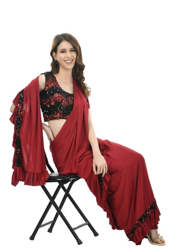 Mominos Fashion All Season Wear Olive Red And Black Ruffled Ready To Wear Saree | Grab2Buy