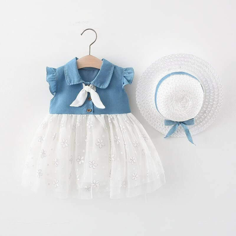Bold N Elegant Cap Sleeve Denim Embroidered Midi Party Dress Frock with Hat Dress - Floral White | Grab2Buy