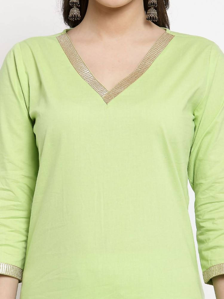Myshka Women's Green Cotton Solid 3/4 Sleeve V Neck Casual Kurta Pant Dupatta Set | Grab2Buy
