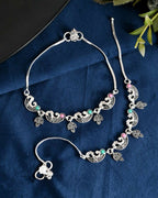 VOJ Set of 2 Silver Plated Multi Color Meenakari Anklet