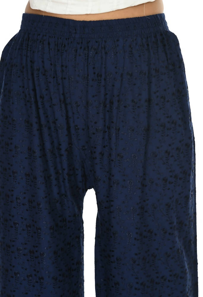 Mominos Fashion Moeza Reyon Cotton Navy Blue Chikan Work Palazzo | Grab2Buy