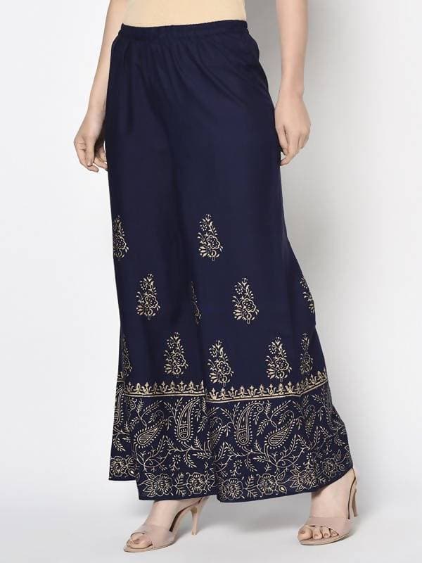Aniyah Rayon Navy Blue Color Block Print Flared Slip-On Palazzo (AN-211K) | Grab2Buy