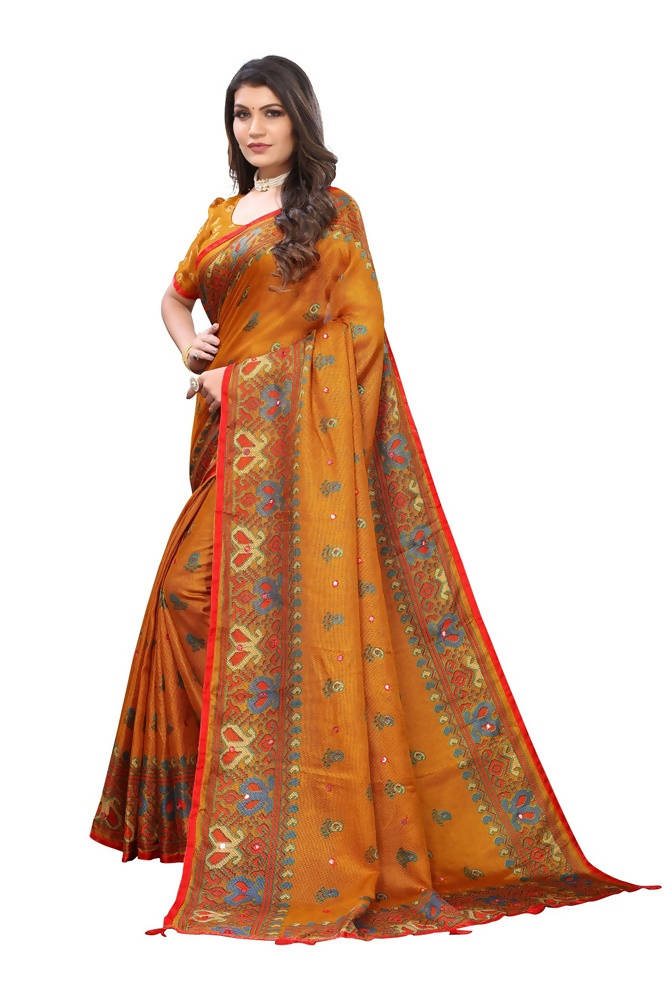 Vamika Mustard Jute Silk Mirror Work Saree | Grab2Buy