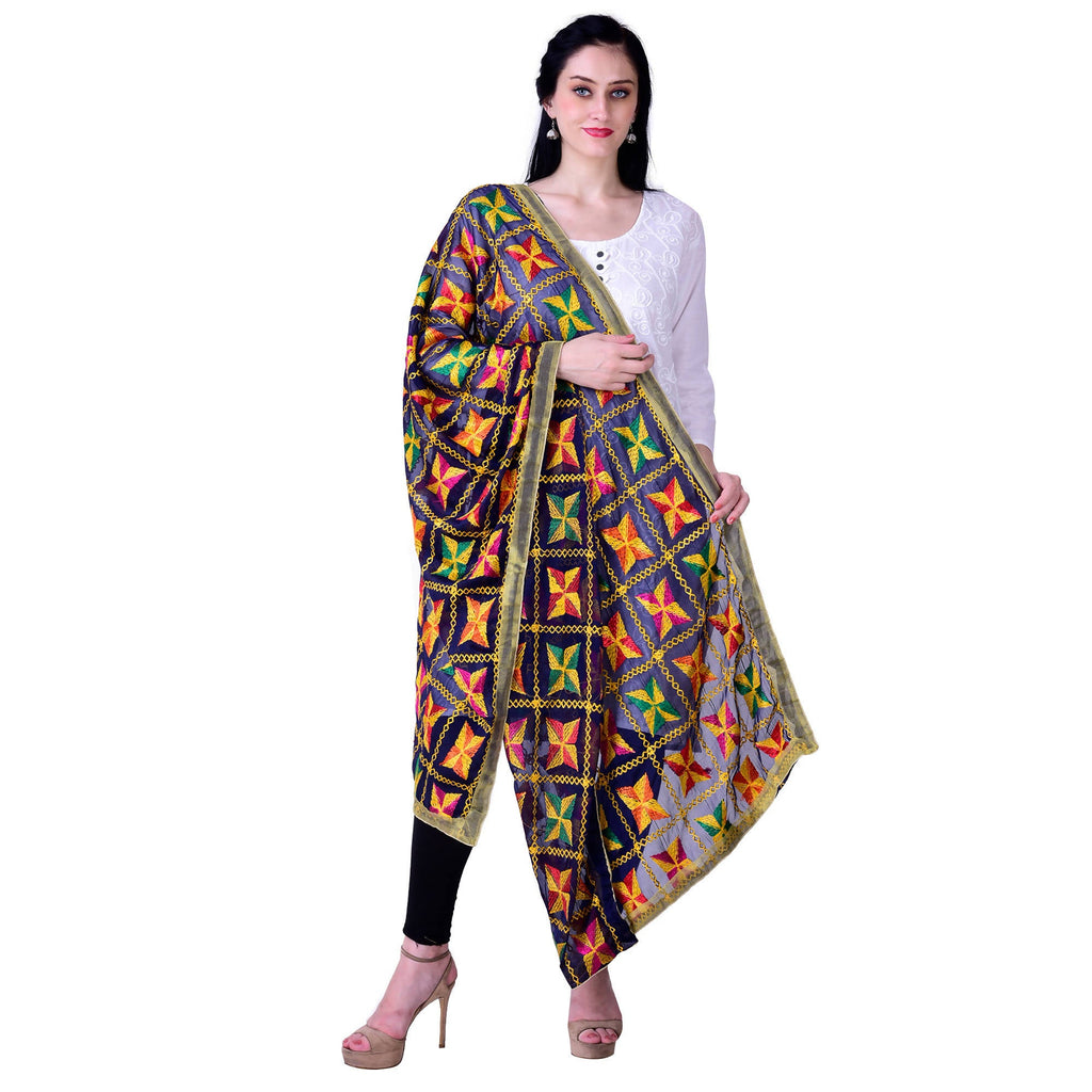 SWI Stylish Women's Embroidered Phulkari Chiffon Navy Blue Dupatta | Grab2Buy