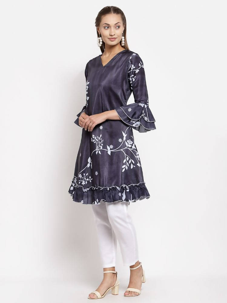 Myshka Women's Black Crep Printed Full Sleeve V Neck Casual Tunic | Grab2Buy