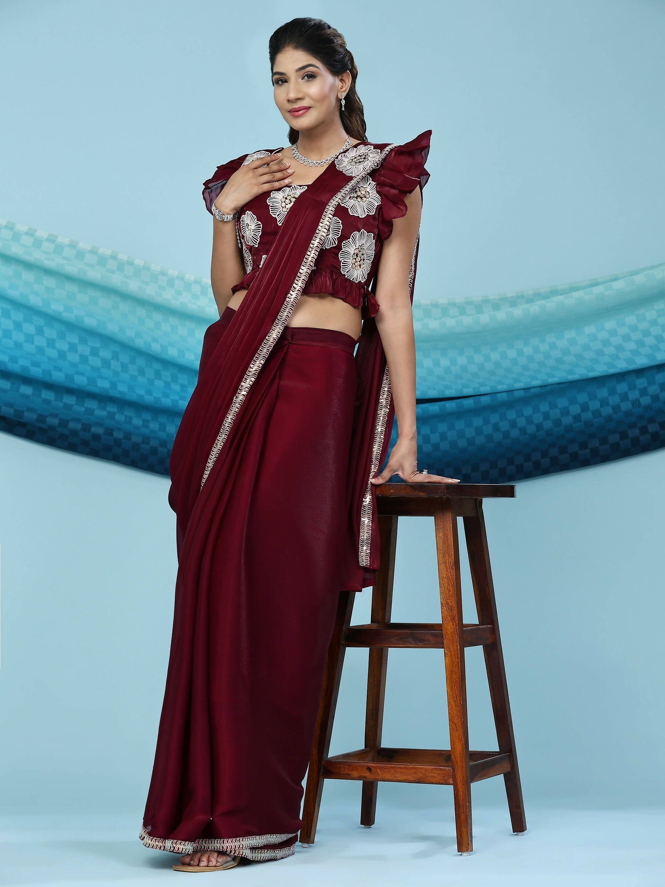 Maroon Silk Satin Sequence Work Ready to Wear Saree with stitched Blouse - Nirvana | Grab2Buy