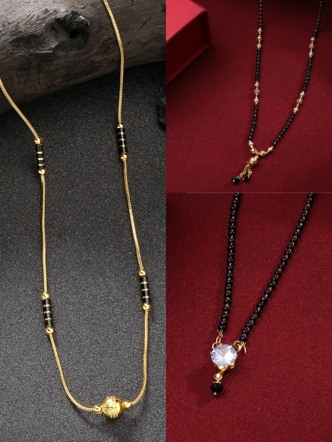 NVR Women's Set of 3 Gold-Polished CZ Stone-Studded & Beaded Mangalsutra