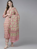 Yufta Women Pink Floral Print Aari Work Pure Cotton Kurta with Palazzo and Dupatta | Grab2Buy