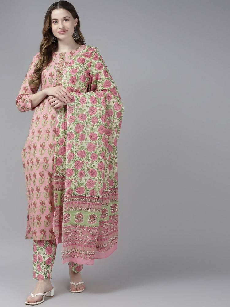 Yufta Women Pink Floral Print Aari Work Pure Cotton Kurta with Palazzo and Dupatta | Grab2Buy