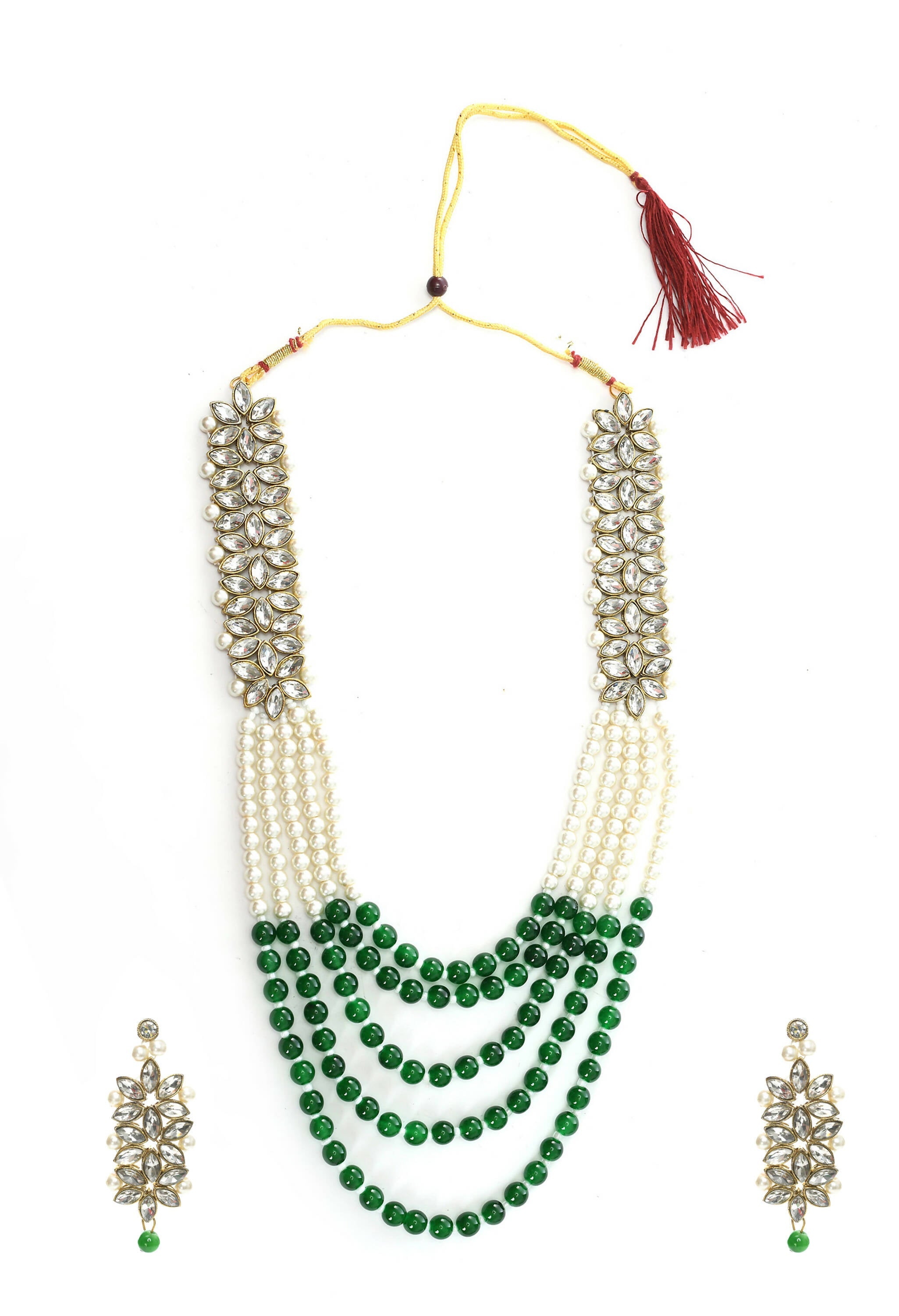 Mominos Fashion Johar Kamal Gold-Polished Rani Haar with Green and Off white Pearls Jewellery Set | Grab2Buy