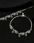 VOJ Set of 2 Silver Plated Meenakari Multi Color Anklet