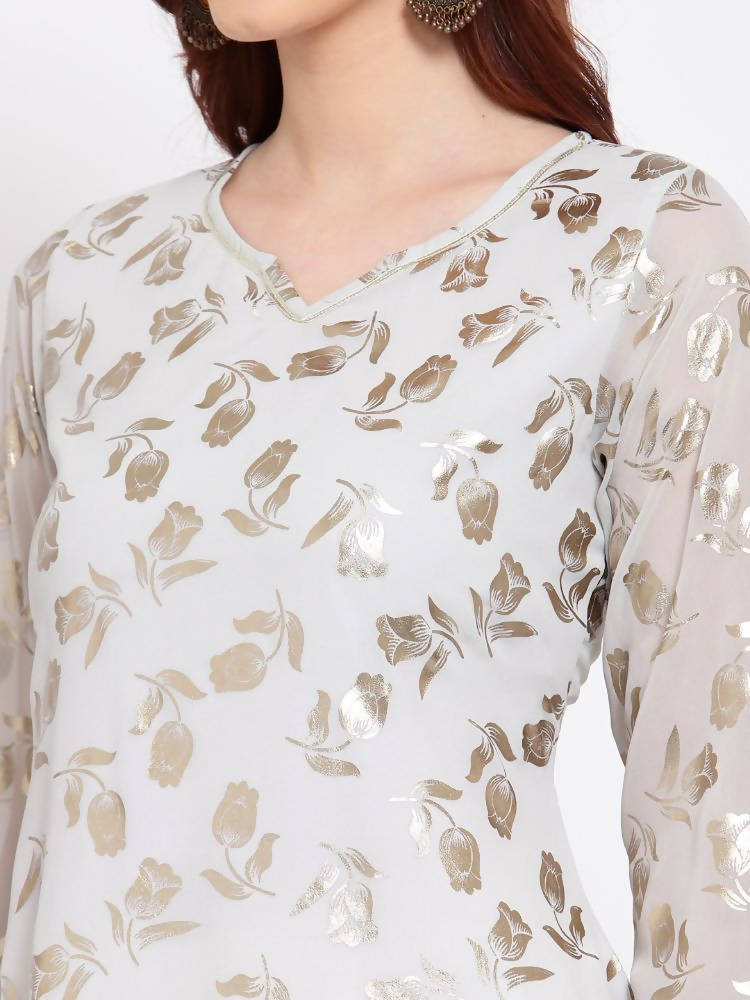 Myshka Women's Grey Printed Georgette 3/4 Sleeve Round Neck Casual Kurta | Grab2Buy