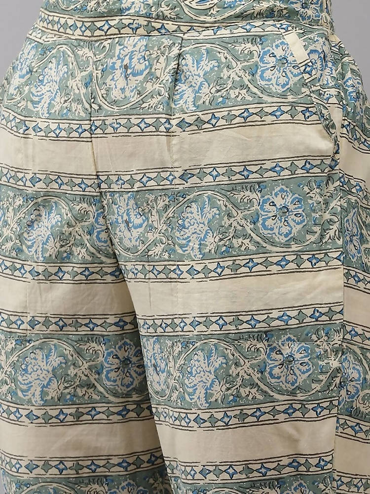 Yufta Women Beige Floral Printed Regular Pure Cotton Kurta with Trouser | Grab2Buy