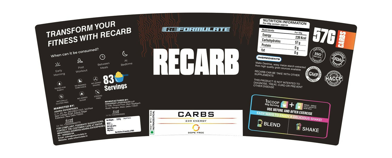 Reformulate Recarb I Carbs I 239 Energy I Nutraceutical - Unflavoured | Grab2Buy