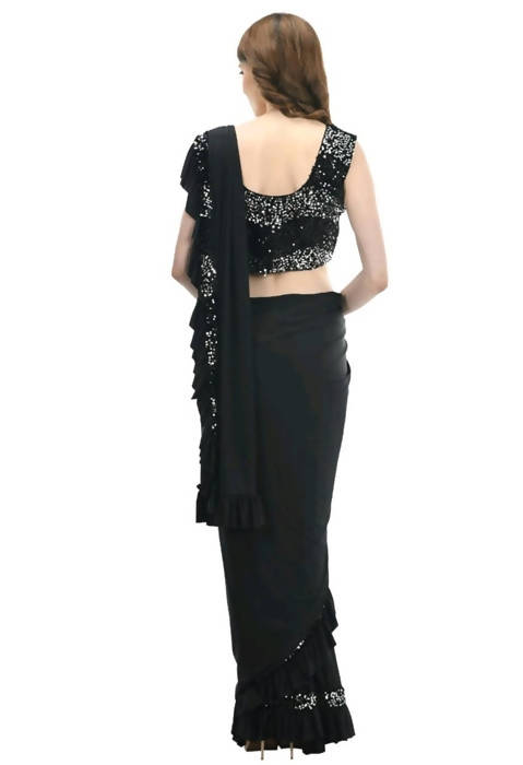 Mominos Fashion All Season Wear Black Ruffled Ready To Wear Saree | Grab2Buy