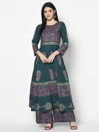 Aniyah Rayon Teal Blue Color Block Print Anarkali Palazzo Set (AN-220K) | Grab2Buy