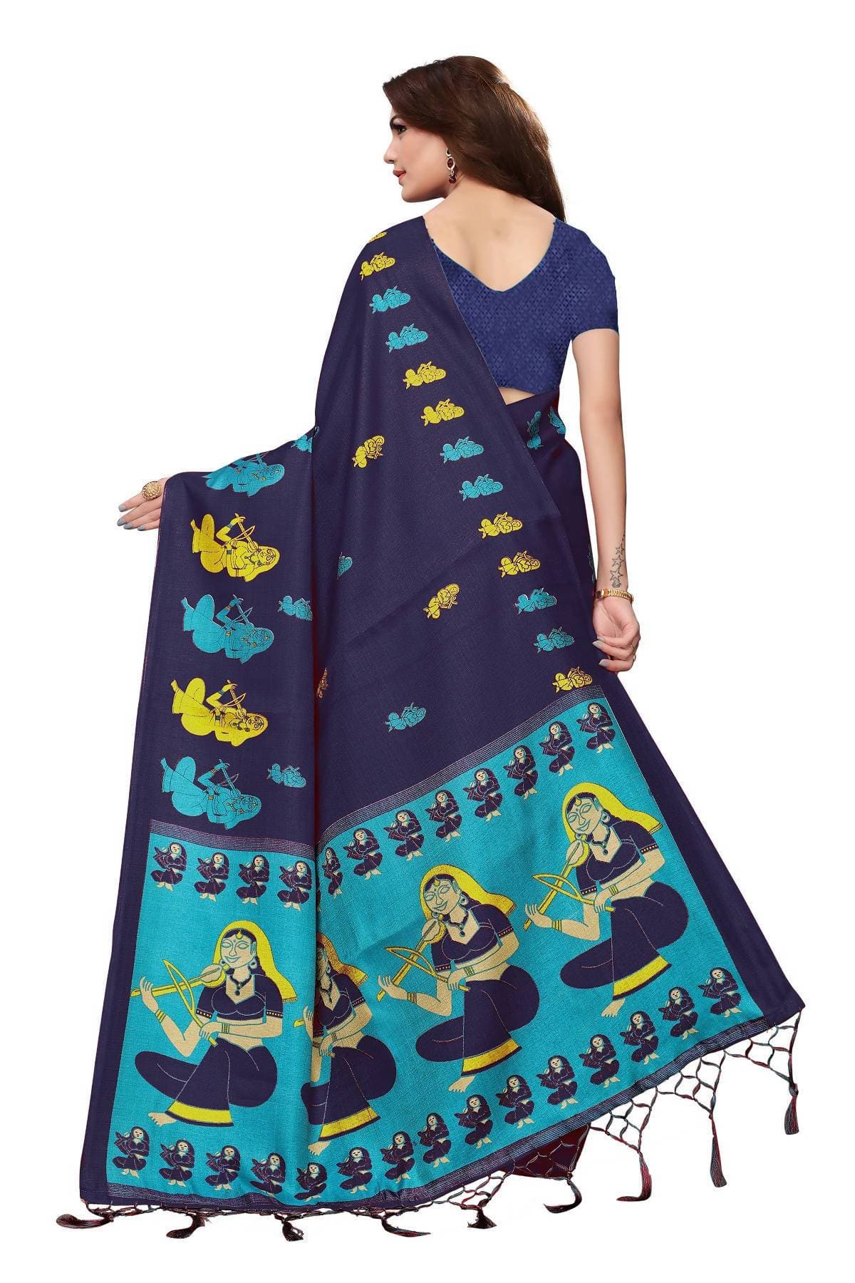 Vamika Navy Blue Kalamkari With Jhalar Khadi Silk Saree | Grab2Buy