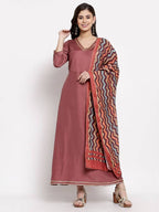 Myshka Women's Dark Pink Cotton Solid 3/4 Sleeve V Neck Casual Anarkali Gown | Grab2Buy