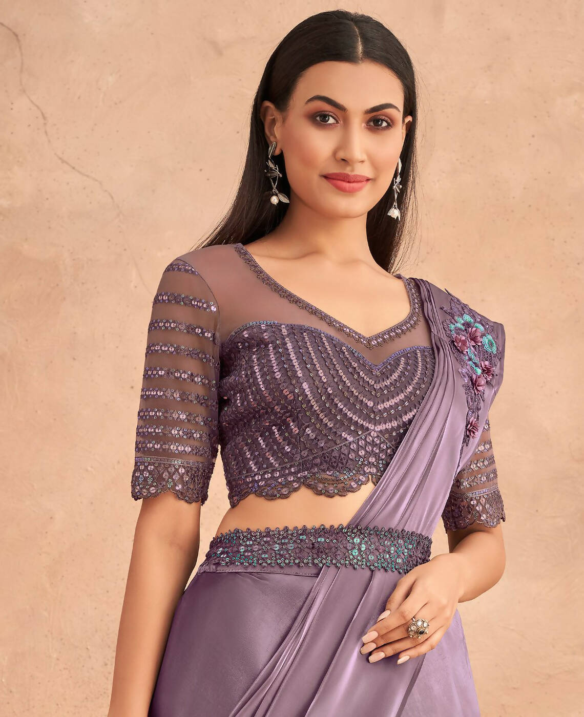 Purple Satin Embroidered Ready To Wear Saree With Unstitched Blouse Piece - Nandika | Grab2Buy