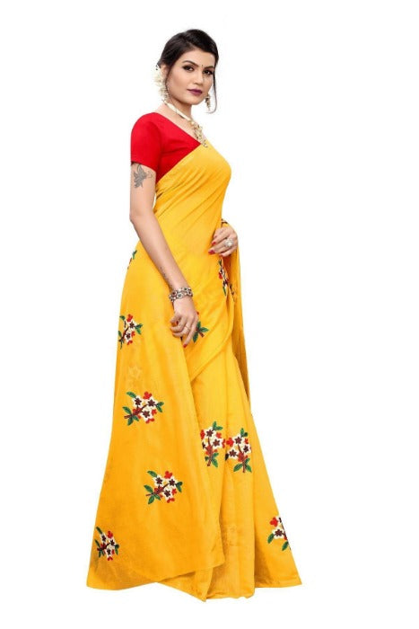 Vamika Chanderi Cotton Embroidery Yellow Saree (Mogra Yellow) | Grab2Buy