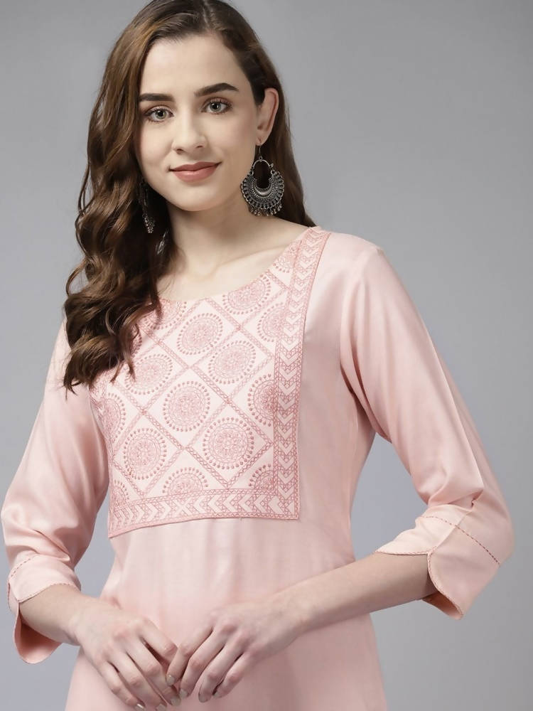Yufta Women Pink Ethnic Motifs Yoke Design Thread Work Kurta with Palazzo | Grab2Buy