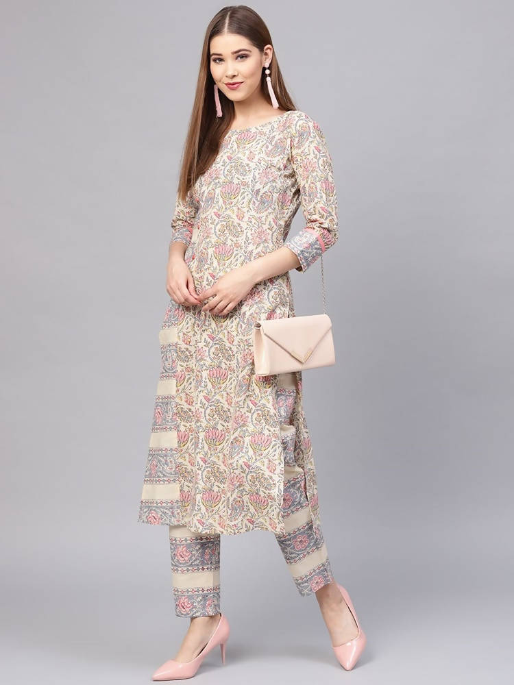 Yufta Women Beige & Grey Printed Kurta with Trouser | Grab2Buy