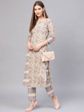 Yufta Women Beige & Grey Printed Kurta with Trouser | Grab2Buy