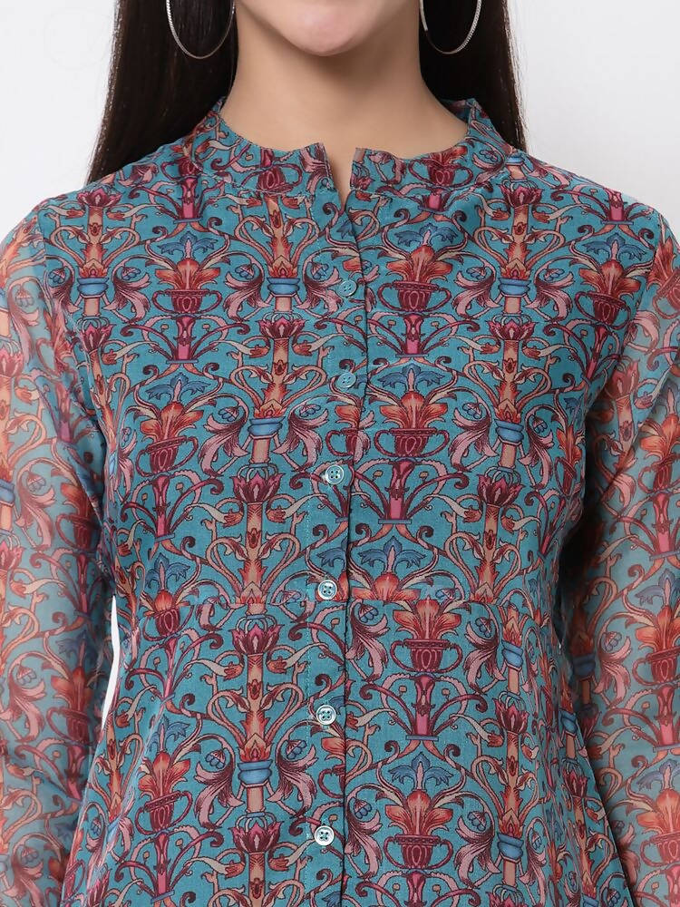 Myshka Women's Beautiful Organza Printed 3/4 Sleeve Round Neck Casual Multicolor Tunic | Grab2Buy