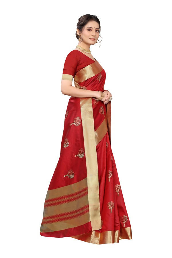 Vamika Red Cotton Polyster Silk Weaving Saree (Kerala Forest) | Grab2Buy