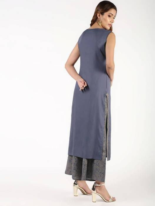 Aniyah Rayon Solid Pintucks Grey Kurta With Gold Print Palazzo Set (AN-153K) | Grab2Buy