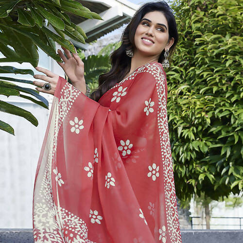 Women's Partywear Designer Peach Chinon Shiffon Fancy Saree - Dyuti | Grab2Buy