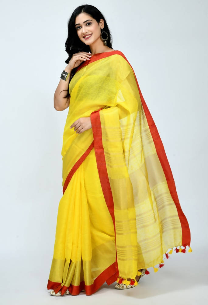 Mominos Fashion Moeza Pure Linen Yellow Saree | Grab2Buy