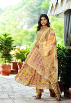 Yufta Women Yellow Floral Printed Pure Cotton Anarkali Kurta with Trouser & With Dupatta | Grab2Buy