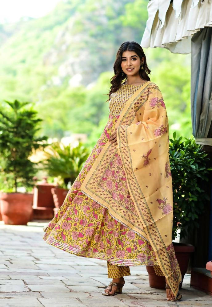 Yufta Women Yellow Floral Printed Pure Cotton Anarkali Kurta with Trouser & With Dupatta | Grab2Buy